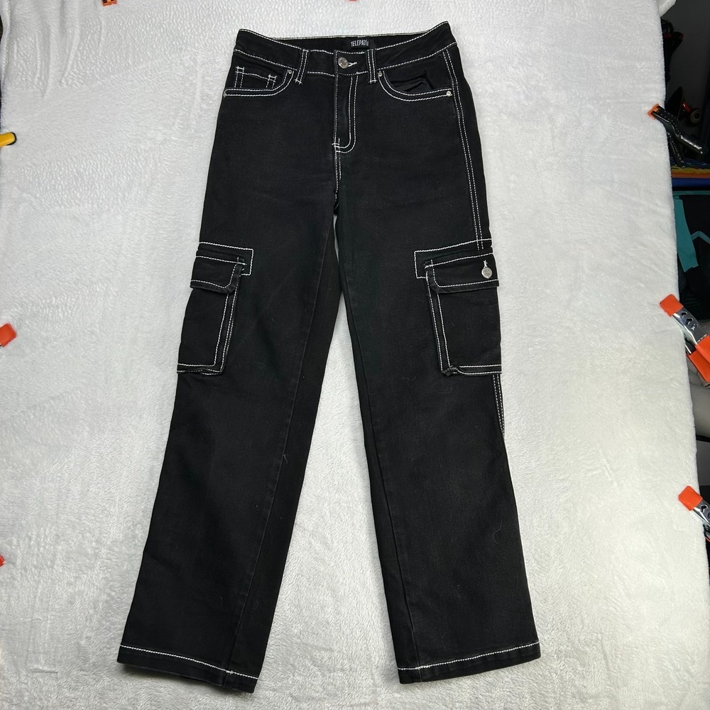 Telepatía Jeans Mens Black Denim Contrast Stitch Cargo Pockets Zip Fly - 28X29.5
